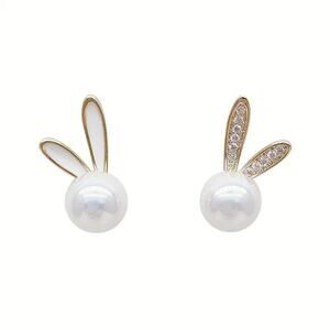 Fun easter bunny synthetic pearl earrings, mismatch crystal & enamel ears